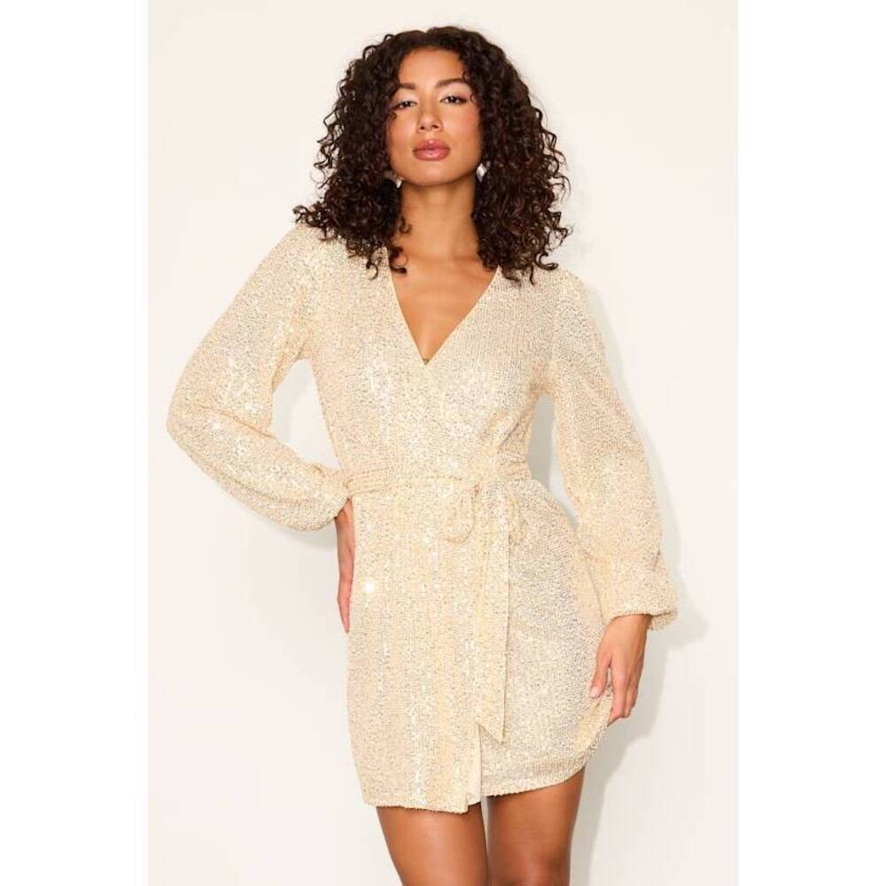 Lulus Sparkly Darling Gold Sequin Long Sleeve Wrap Dress - Size S